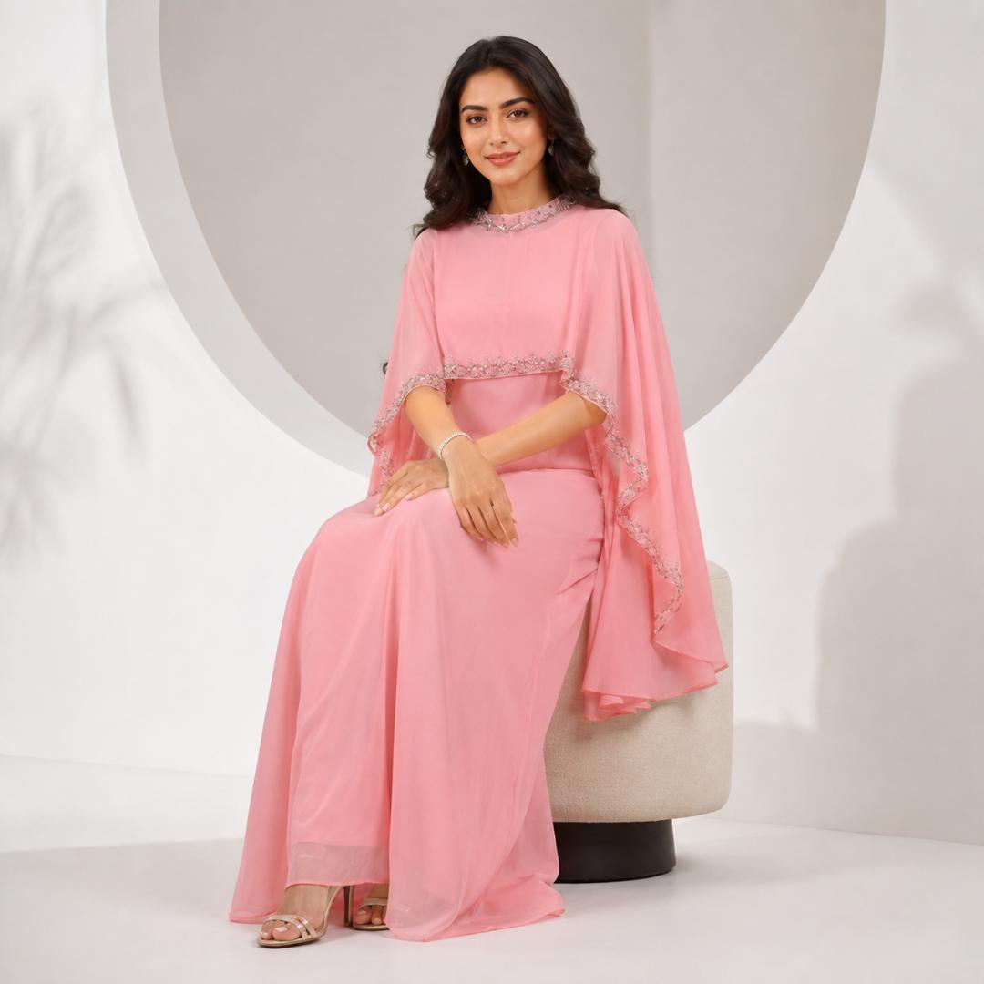 Baby Pink  Cape Style  Maxi Dress