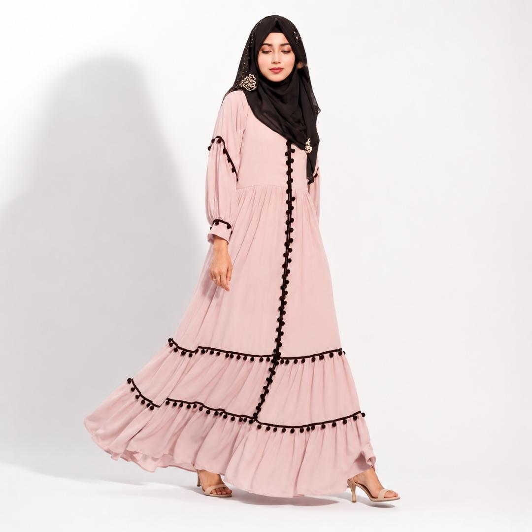 Beige Tiered Maxi Dress with Black Pom-Pom Detail
