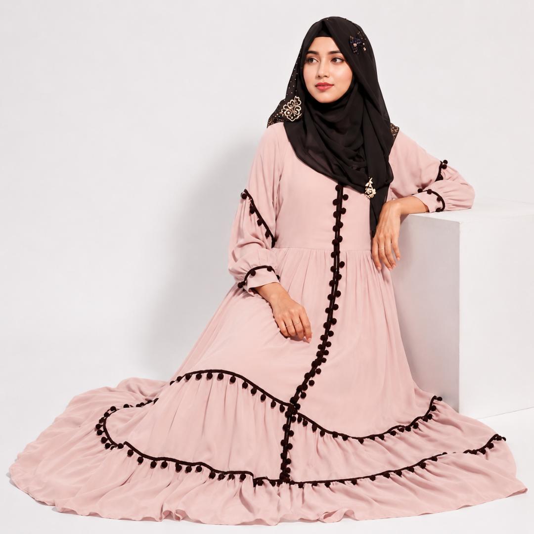 Beige Tiered Maxi Dress with Black Pom-Pom Detail