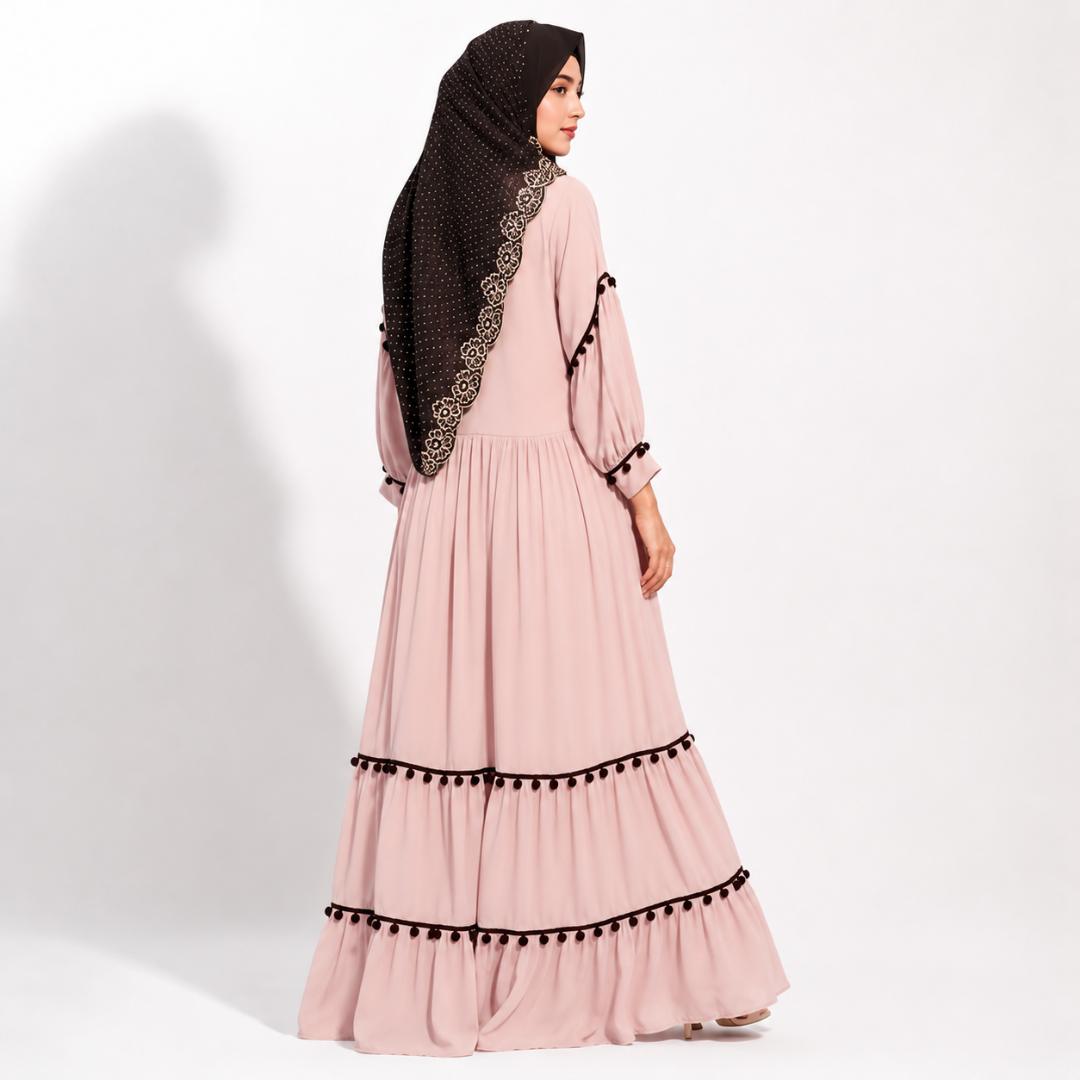 Beige Tiered Maxi Dress with Black Pom-Pom Detail