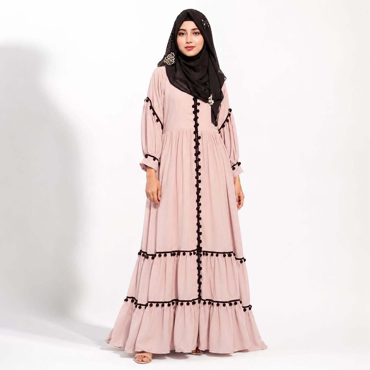 Beige Tiered Maxi Dress with Black Pom-Pom Detail