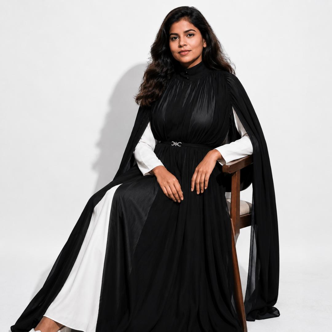 Black & Ivory Contrast Cape Sleeve Gown with Embellished Waist Belt