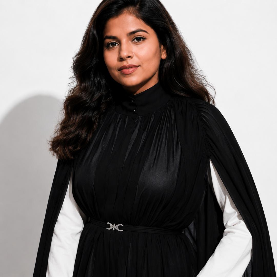 Black & Ivory Contrast Cape Sleeve Gown with Embellished Waist Belt
