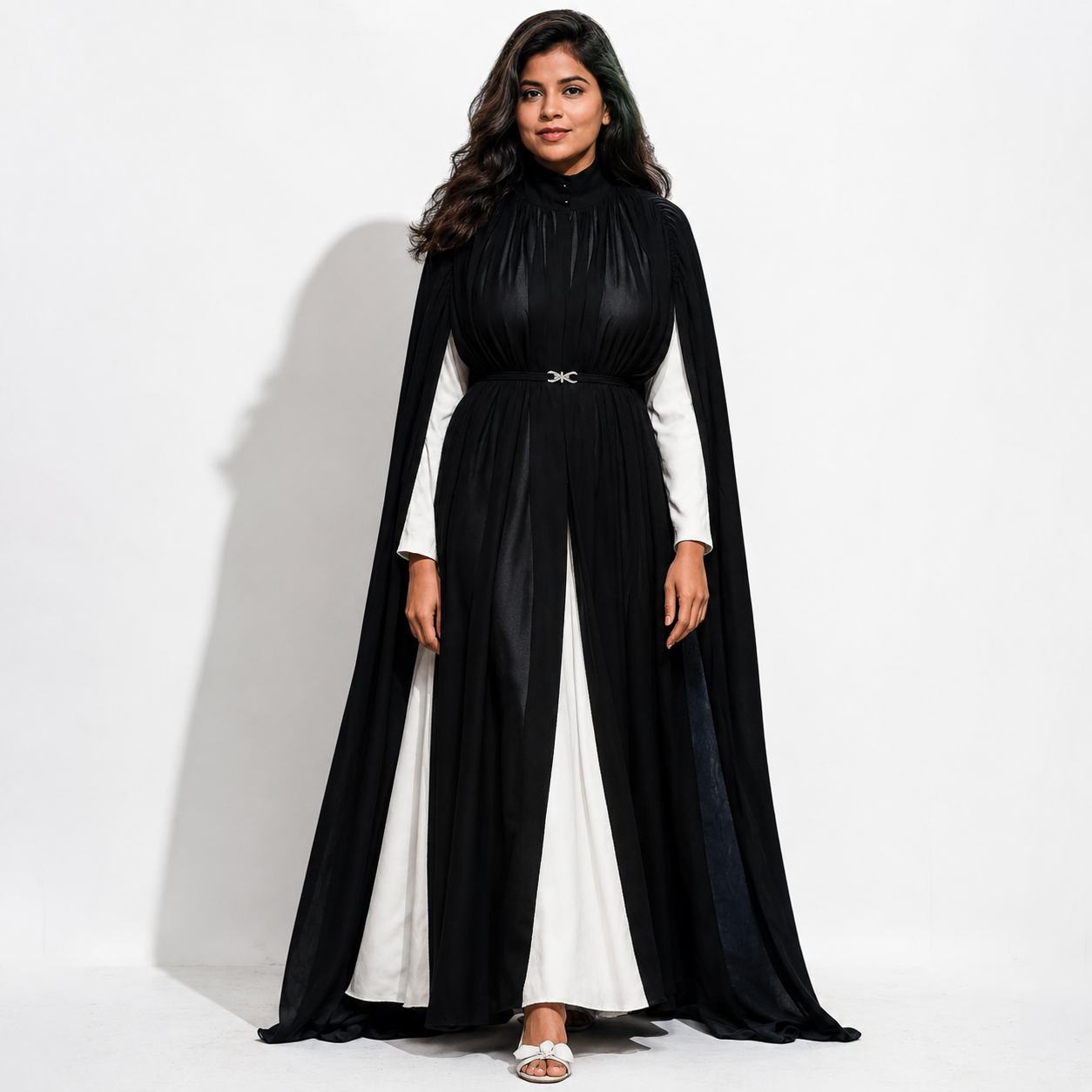 Black & Ivory Contrast Cape Sleeve Gown with Embellished Waist Belt