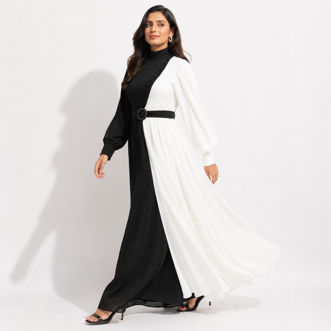 Black & White Contrast High Neck Maxi Gown with Embellished Panel and Belt