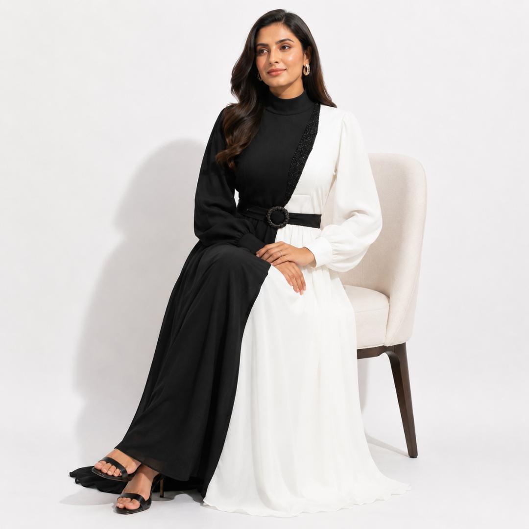 Black & White Contrast High Neck Maxi Gown with Embellished Panel and Belt