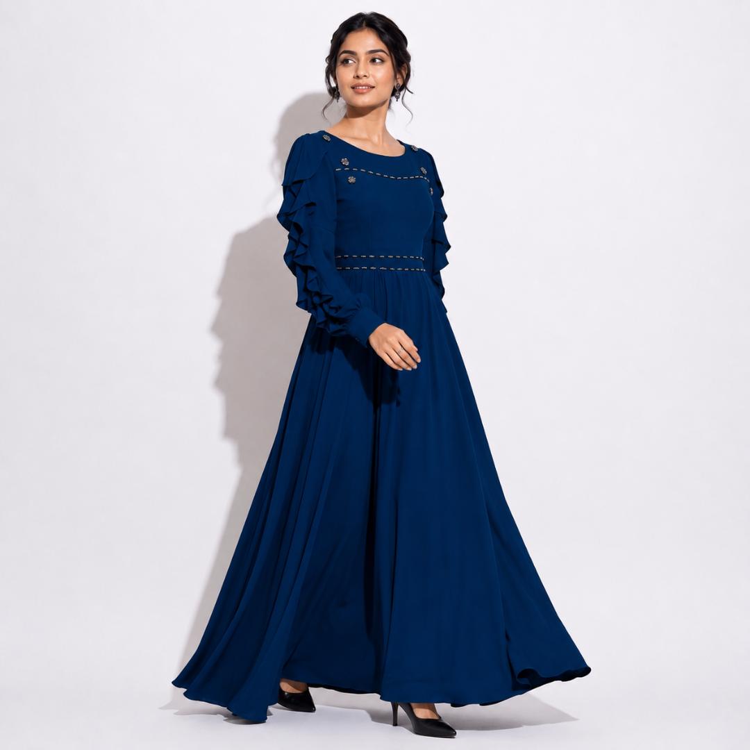Blue Ruffle Sleeve Elegant Maxi Gown with Embellished Detail