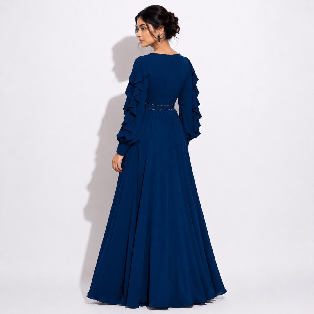 Blue Ruffle Sleeve Elegant Maxi Gown with Embellished Detail