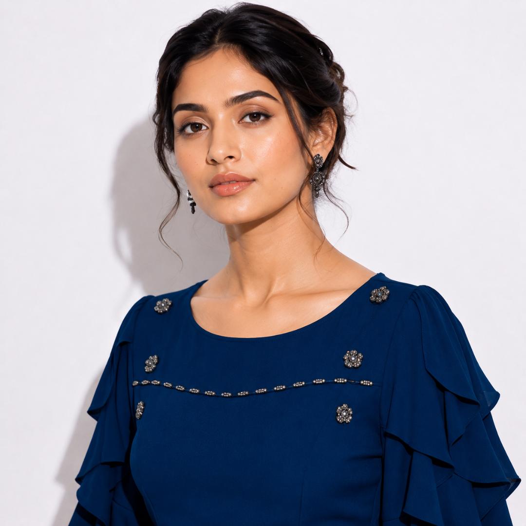 Blue Ruffle Sleeve Elegant Maxi Gown with Embellished Detail