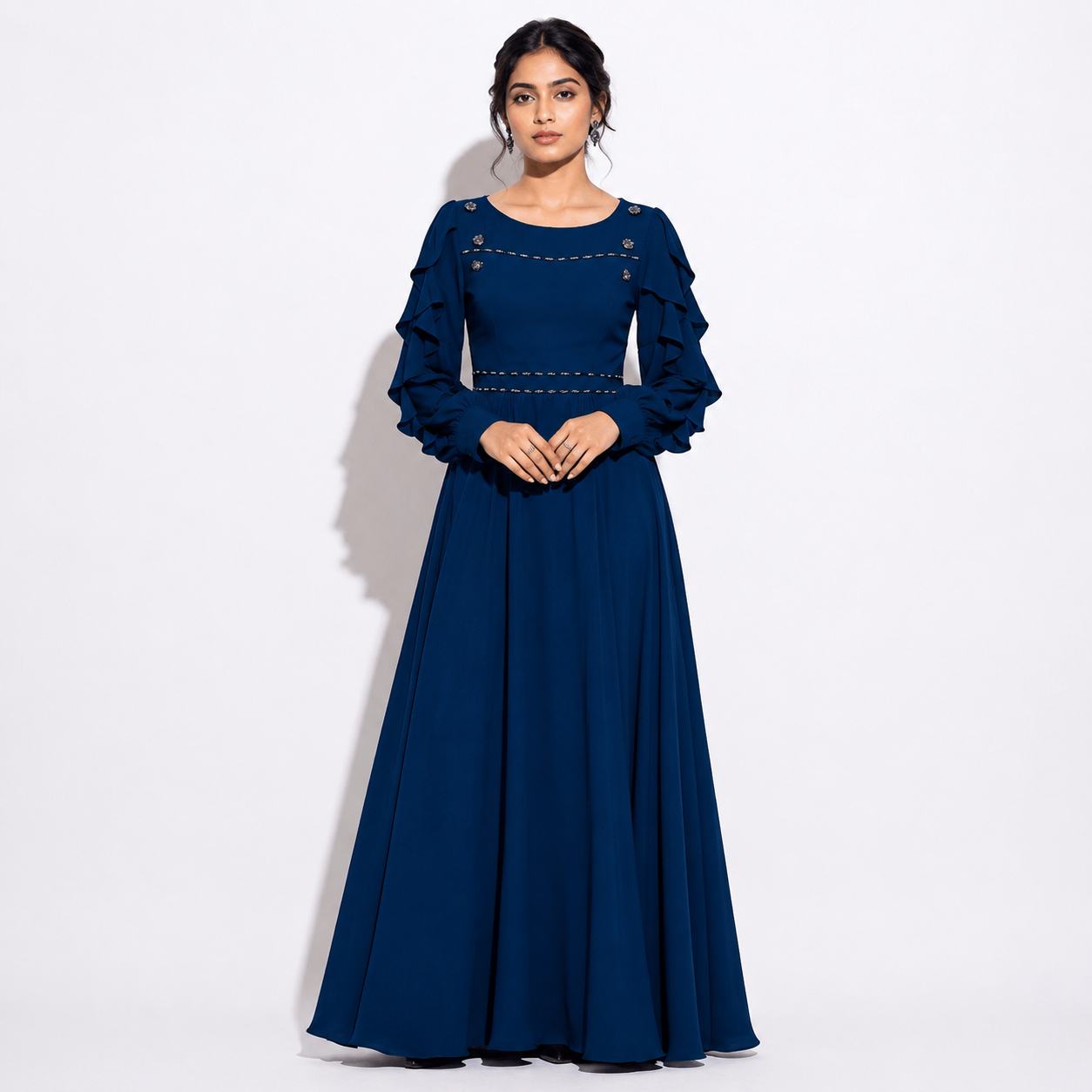 Blue Ruffle Sleeve Elegant Maxi Gown with Embellished Detail