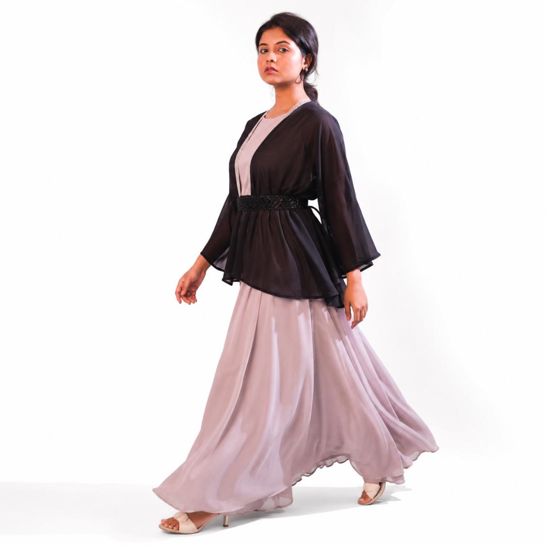 Blush Pink Layered Maxi Dress with Black Sheer Cape