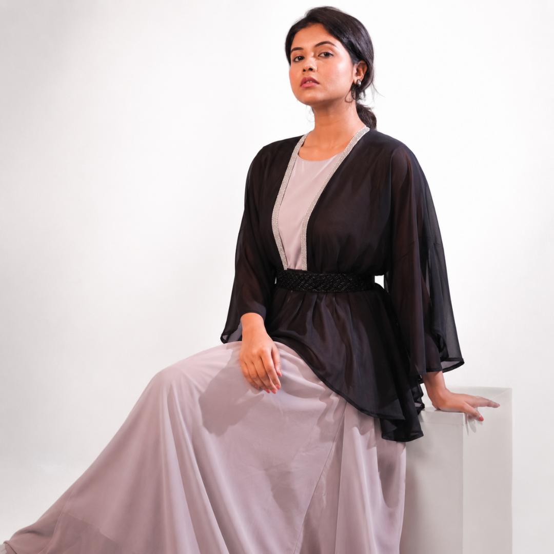 Blush Pink Layered Maxi Dress with Black Sheer Cape