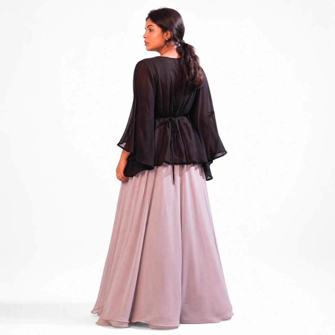 Blush Pink Layered Maxi Dress with Black Sheer Cape