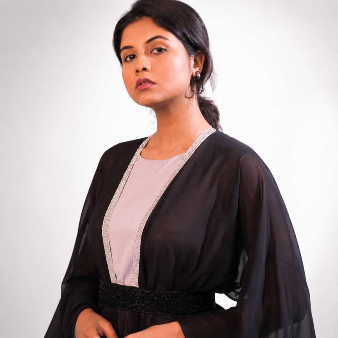 Blush Pink Layered Maxi Dress with Black Sheer Cape