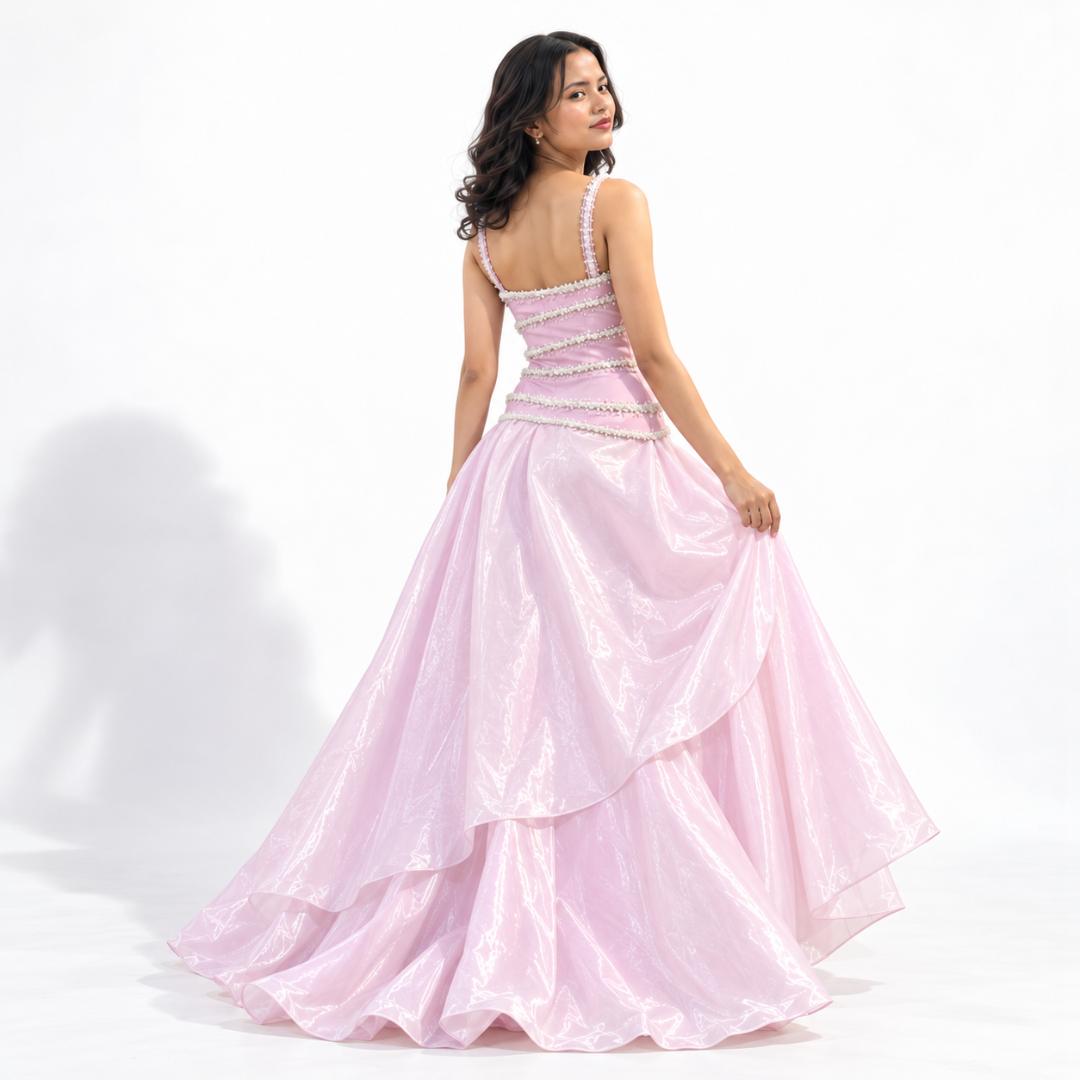Blush Pink Pearl Embellished Draped Ball Gown for Women
