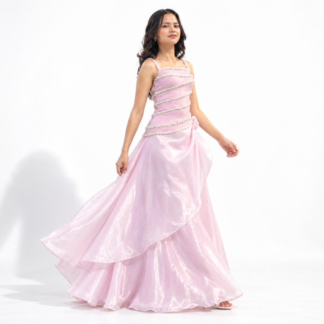 Blush Pink Pearl Embellished Draped Ball Gown for Women