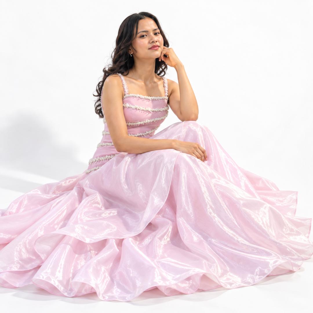Blush Pink Pearl Embellished Draped Ball Gown for Women