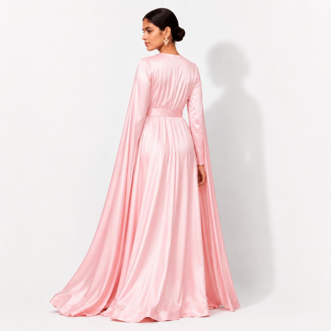 Blush Pink Satin Cape Sleeve Maxi Gown with Pleated Bodice