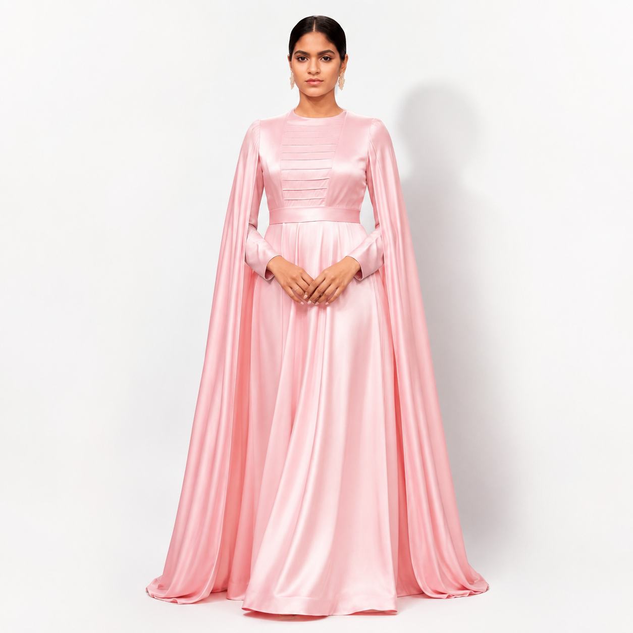 Blush Pink Satin Cape Sleeve Maxi Gown with Pleated Bodice