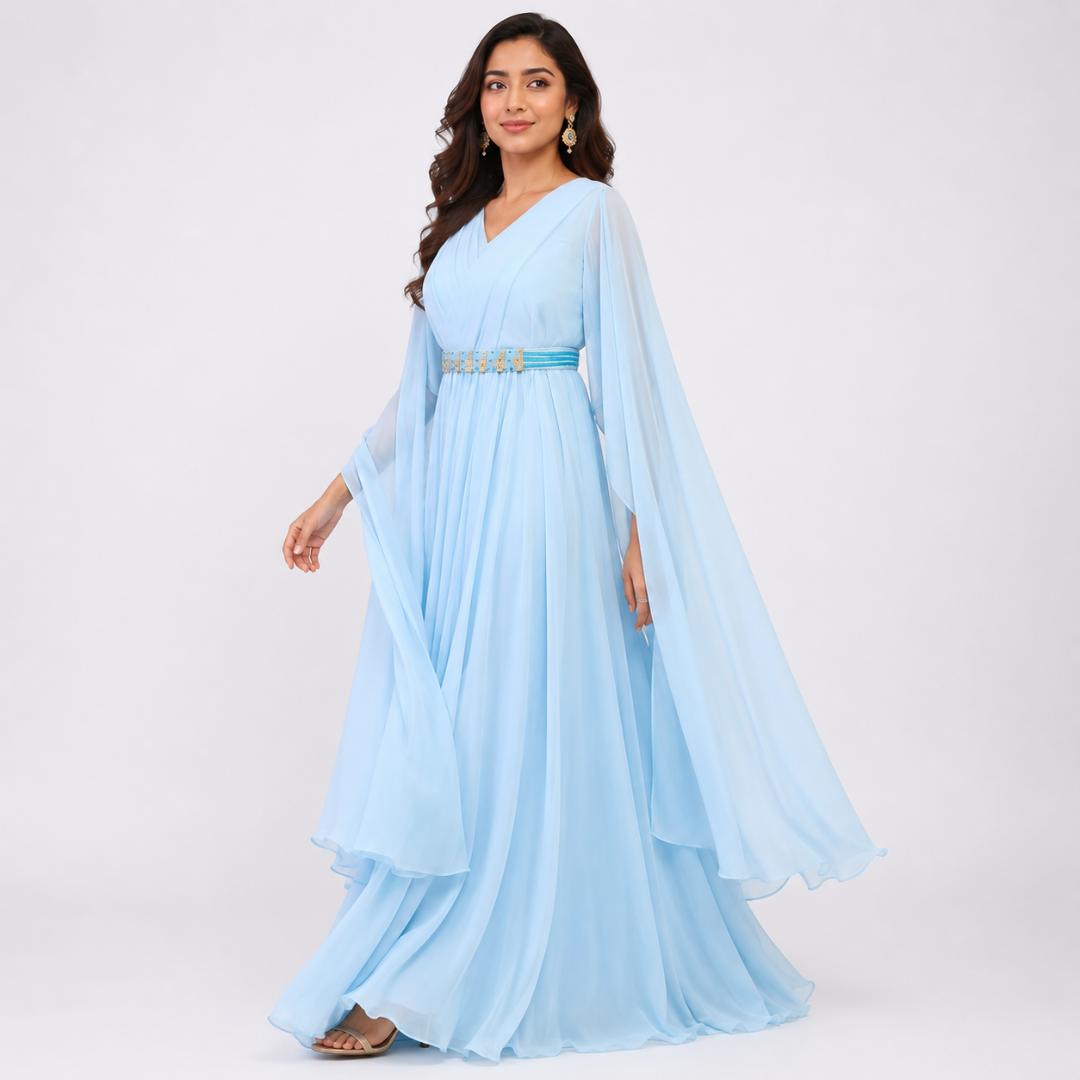 Celestial Blue Cape Sleeve Flowing Gown