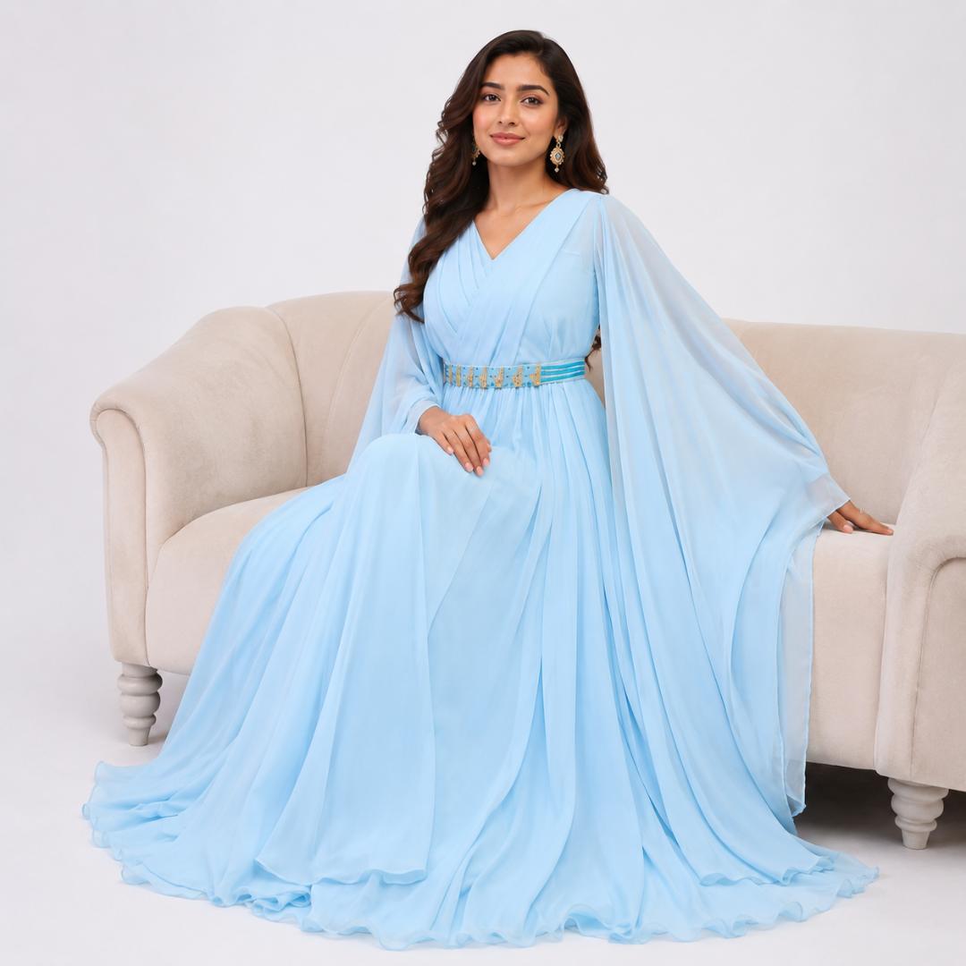 Celestial Blue Cape Sleeve Flowing Gown