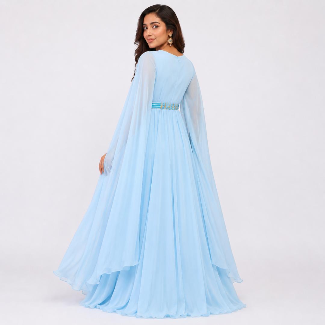 Celestial Blue Cape Sleeve Flowing Gown
