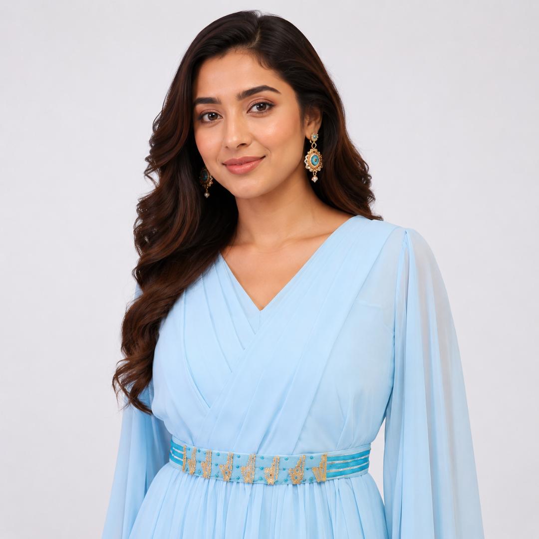 Celestial Blue Cape Sleeve Flowing Gown