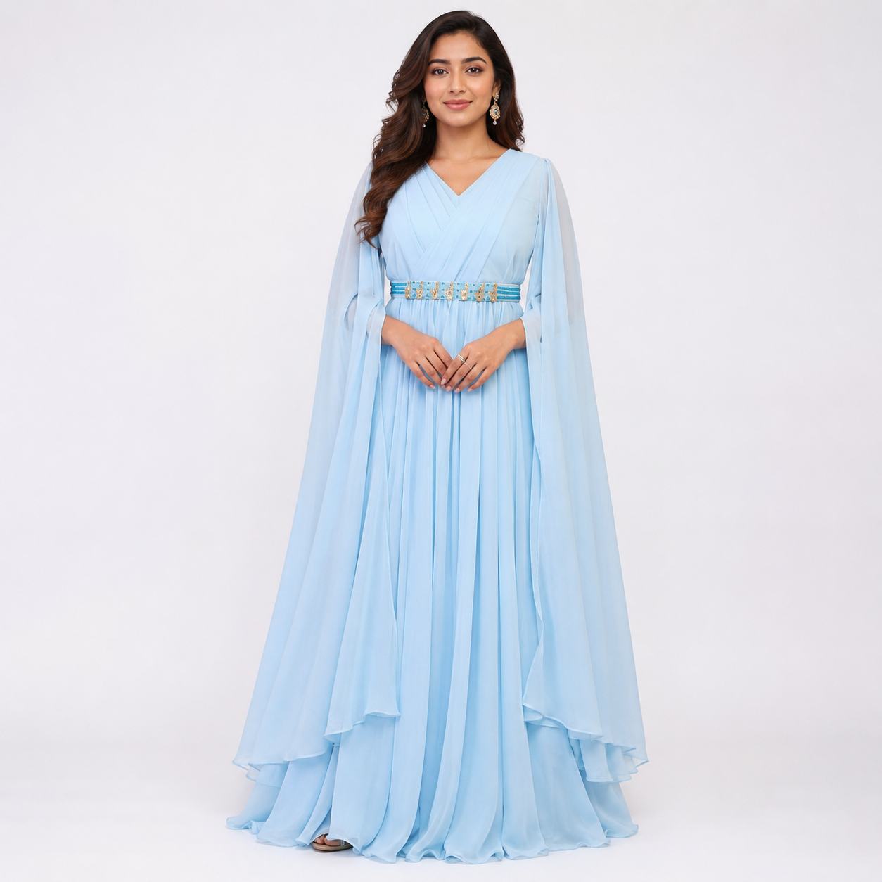 Celestial Blue Cape Sleeve Flowing Gown
