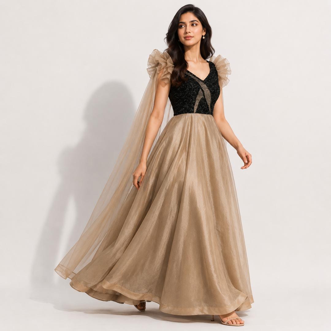 Champagne Gold Flared Gown with Black Embroidered Bodice and Sheer Cape