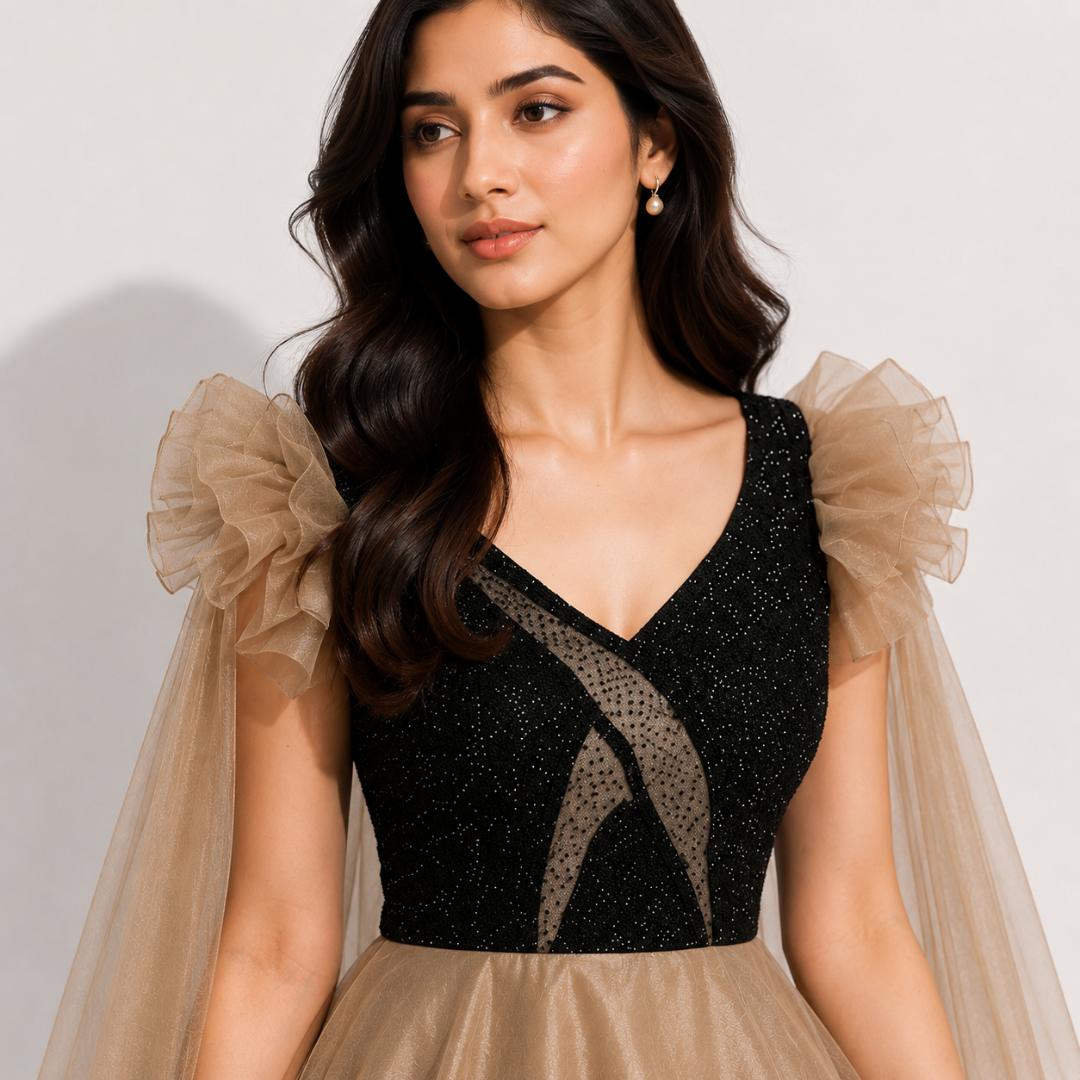 Champagne Gold Flared Gown with Black Embroidered Bodice and Sheer Cape