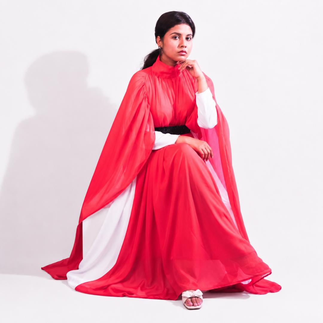 Coral Pink High Neck Cape Sleeve Gown with Black Waist Belt