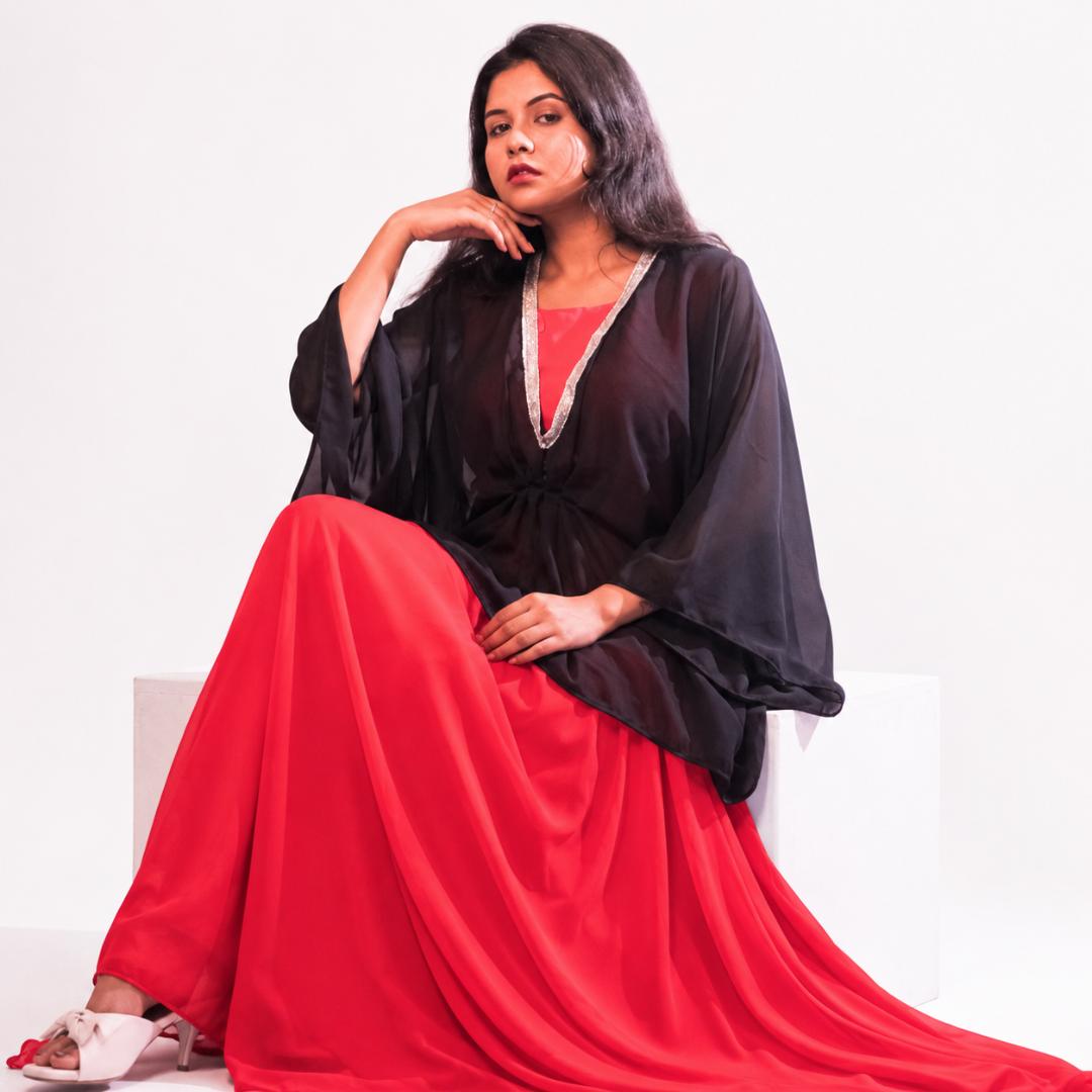 Coral Pink Maxi Dress with Black Sheer Shrug