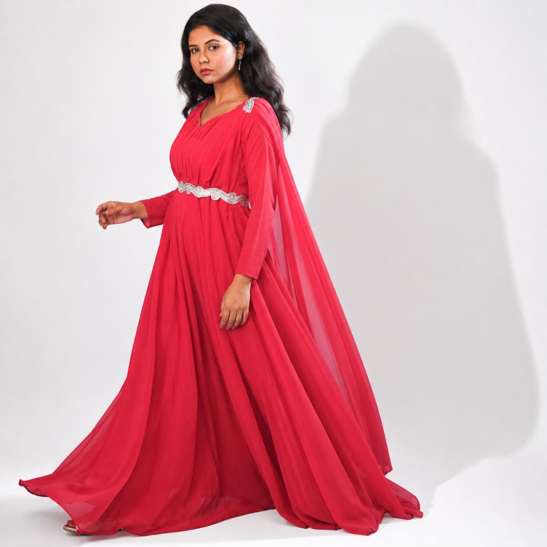 Coral Red Pleated Cape Sleeve Gown with Embellished Waist Belt