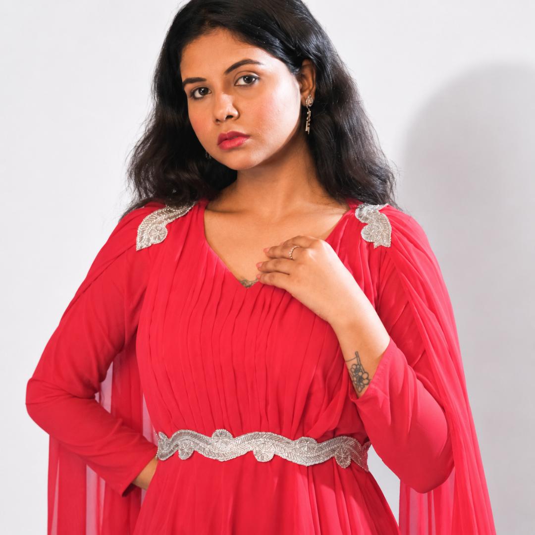 Coral Red Pleated Cape Sleeve Gown with Embellished Waist Belt