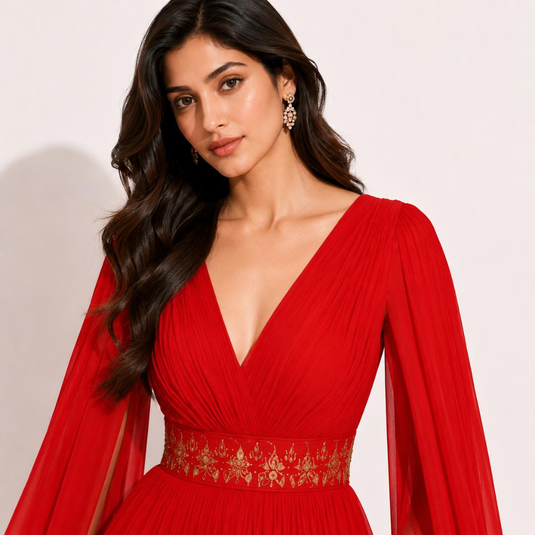 Crimson Red Cape Sleeve Maxi Gown