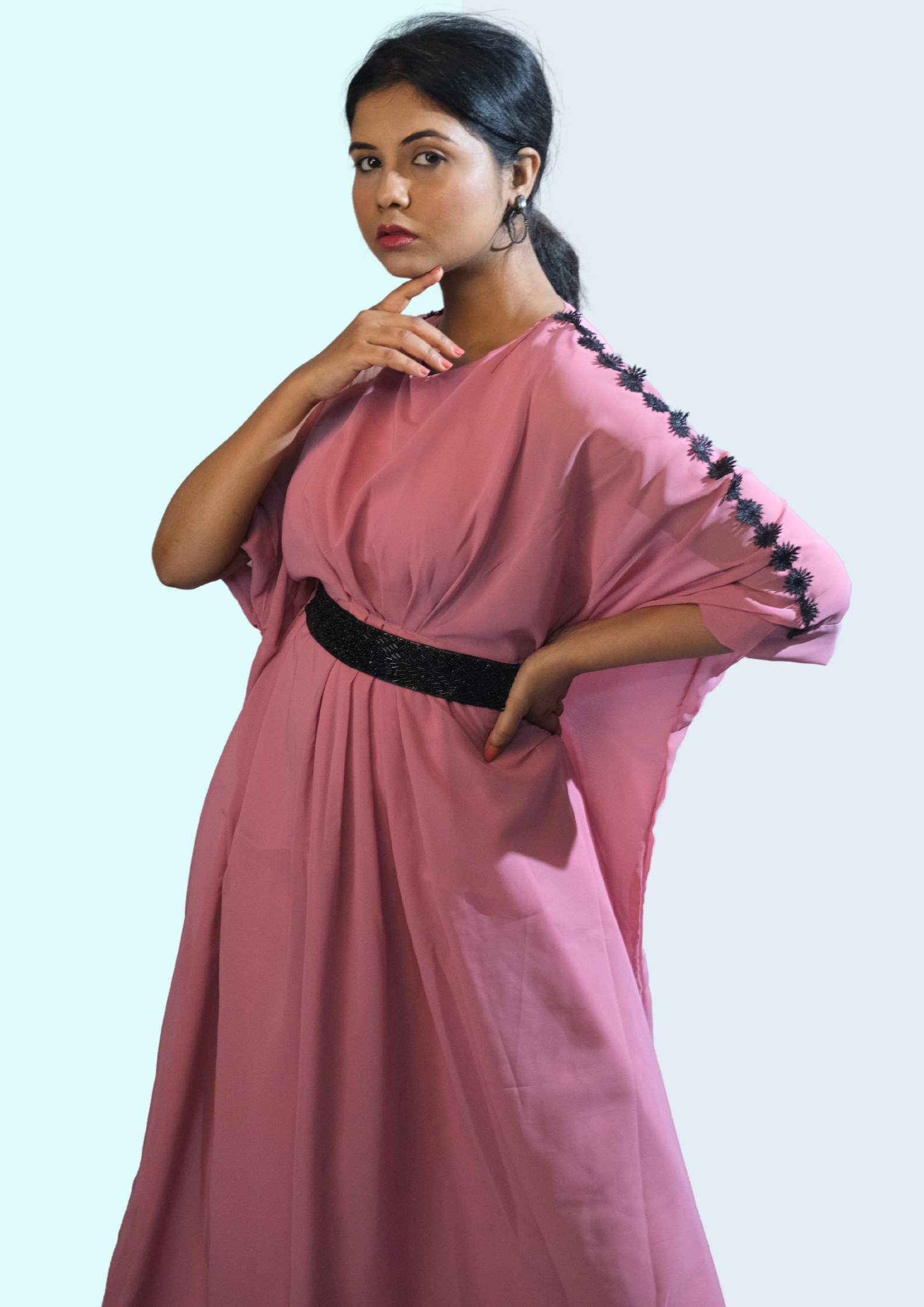 Dusky Rose  Kaftan with Black Belt Detail