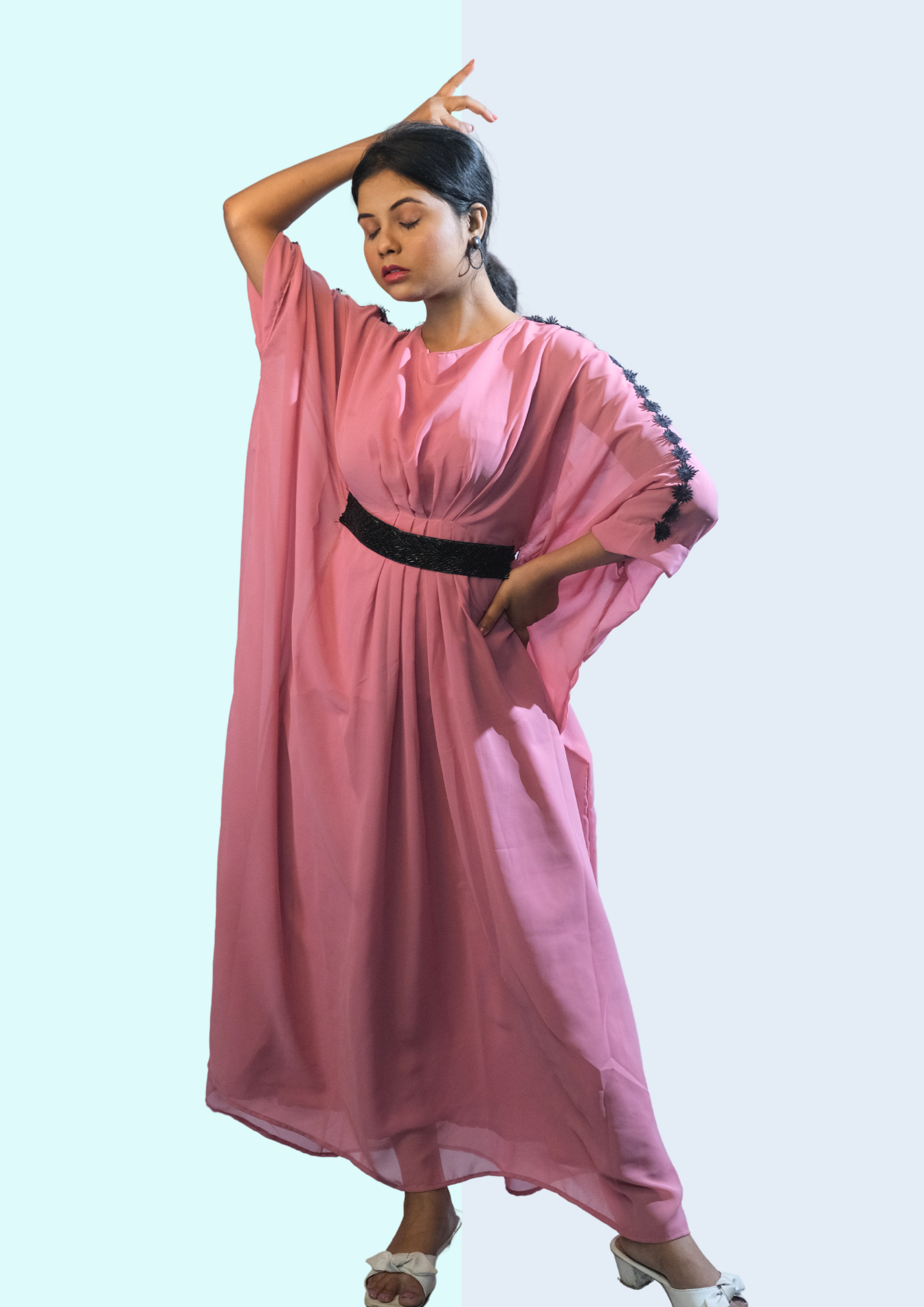 Dusky Rose  Kaftan with Black Belt Detail