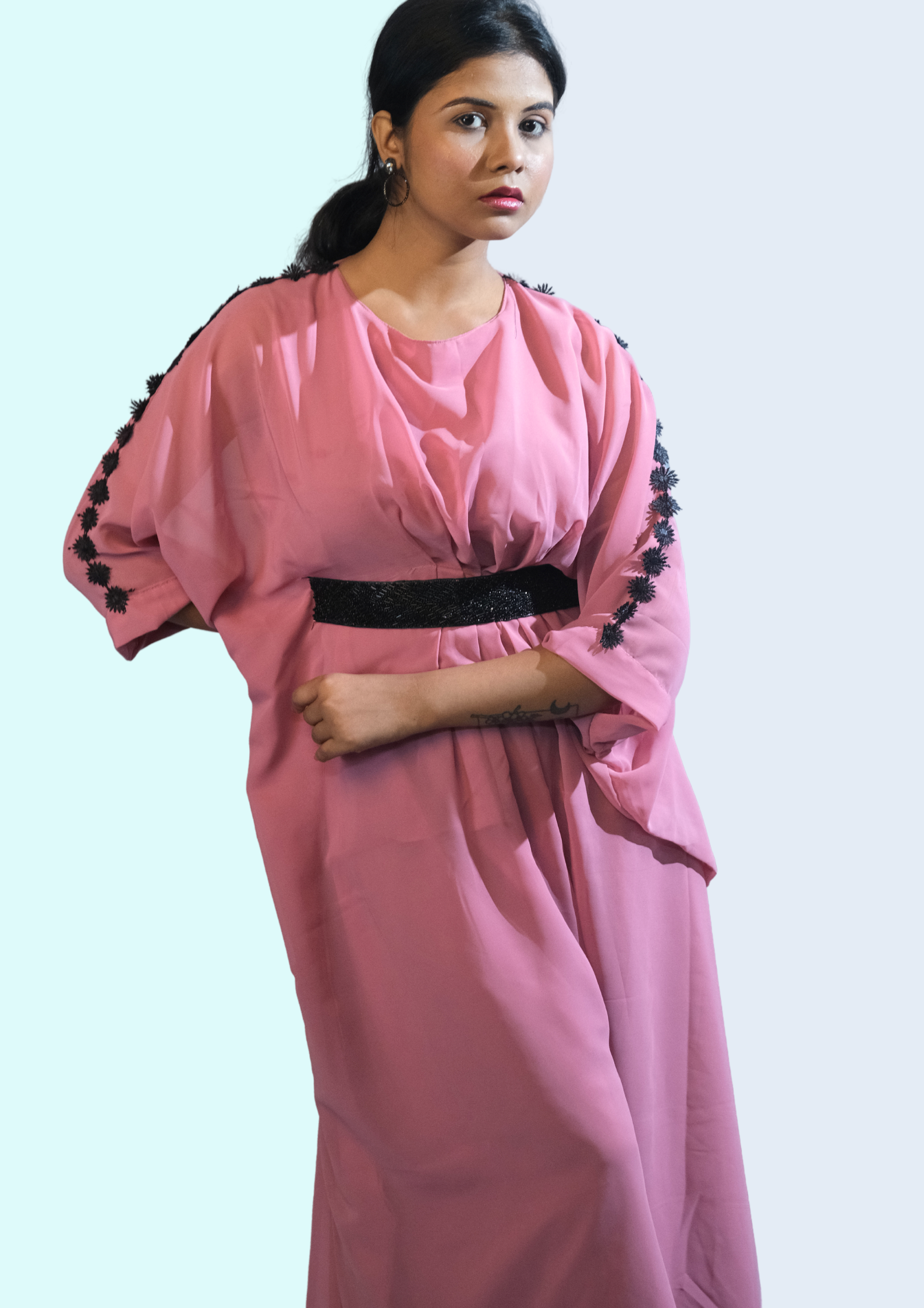 Dusky Rose  Kaftan with Black Belt Detail
