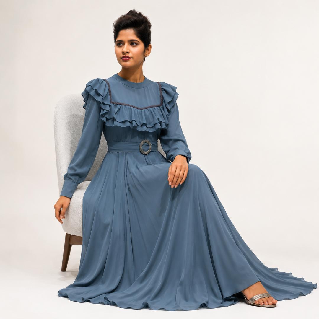 Dusty Blue Ruffle Maxi Dress  with Crystal Belt