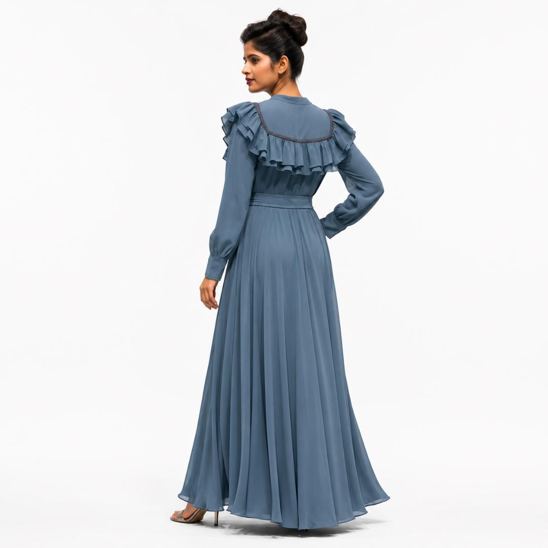 Dusty Blue Ruffle Maxi Dress  with Crystal Belt