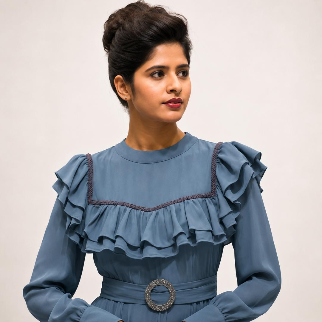 Dusty Blue Ruffle Maxi Dress  with Crystal Belt