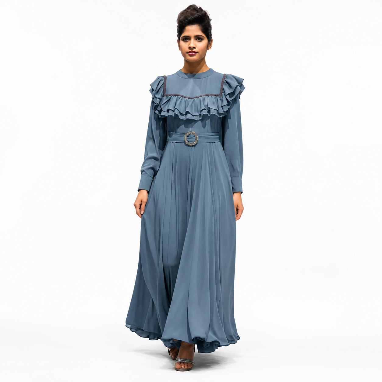 Dusty Blue Ruffle Maxi Dress  with Crystal Belt