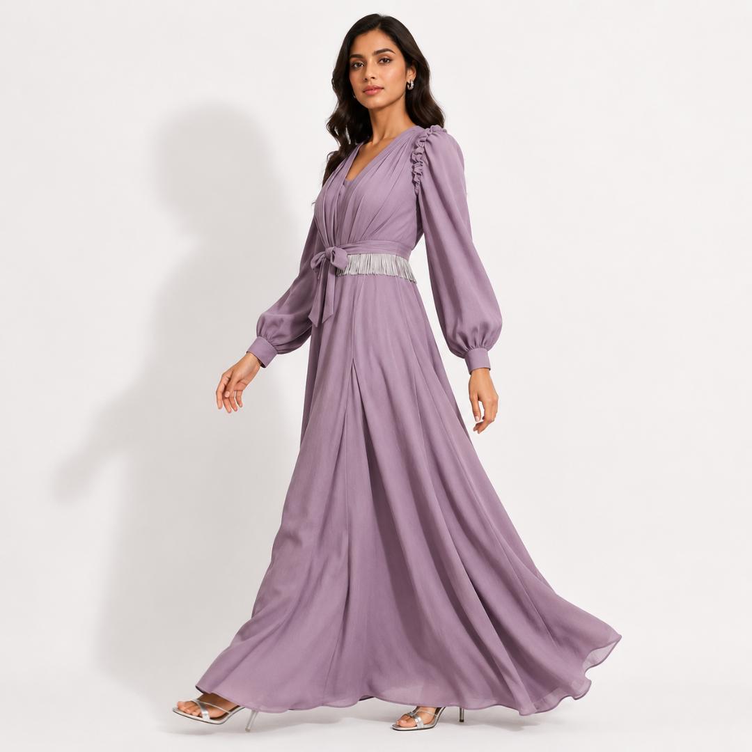 Dusty Lilac Vintage Tie-Waist Maxi Gown
