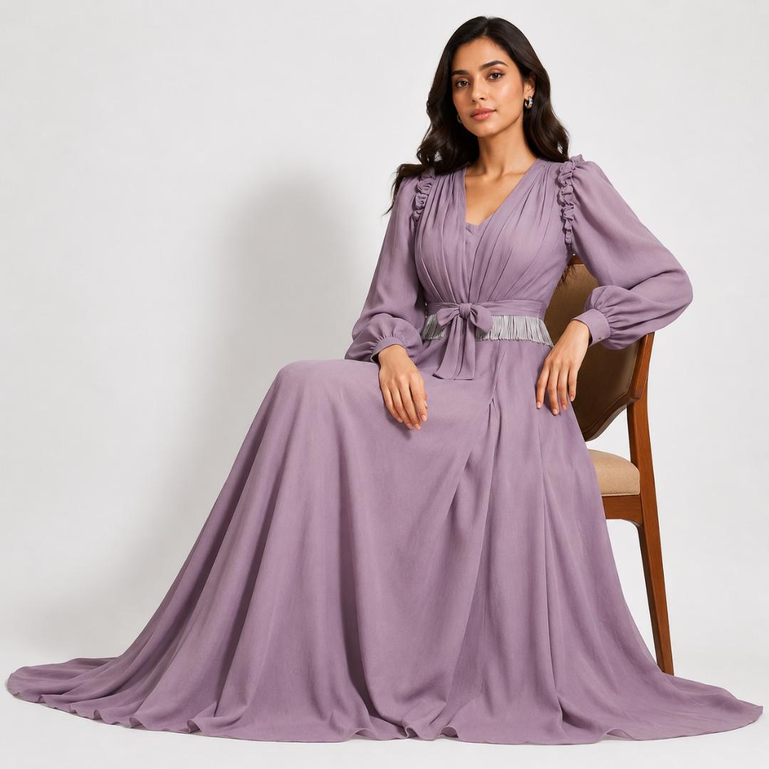 Dusty Lilac Vintage Tie-Waist Maxi Gown