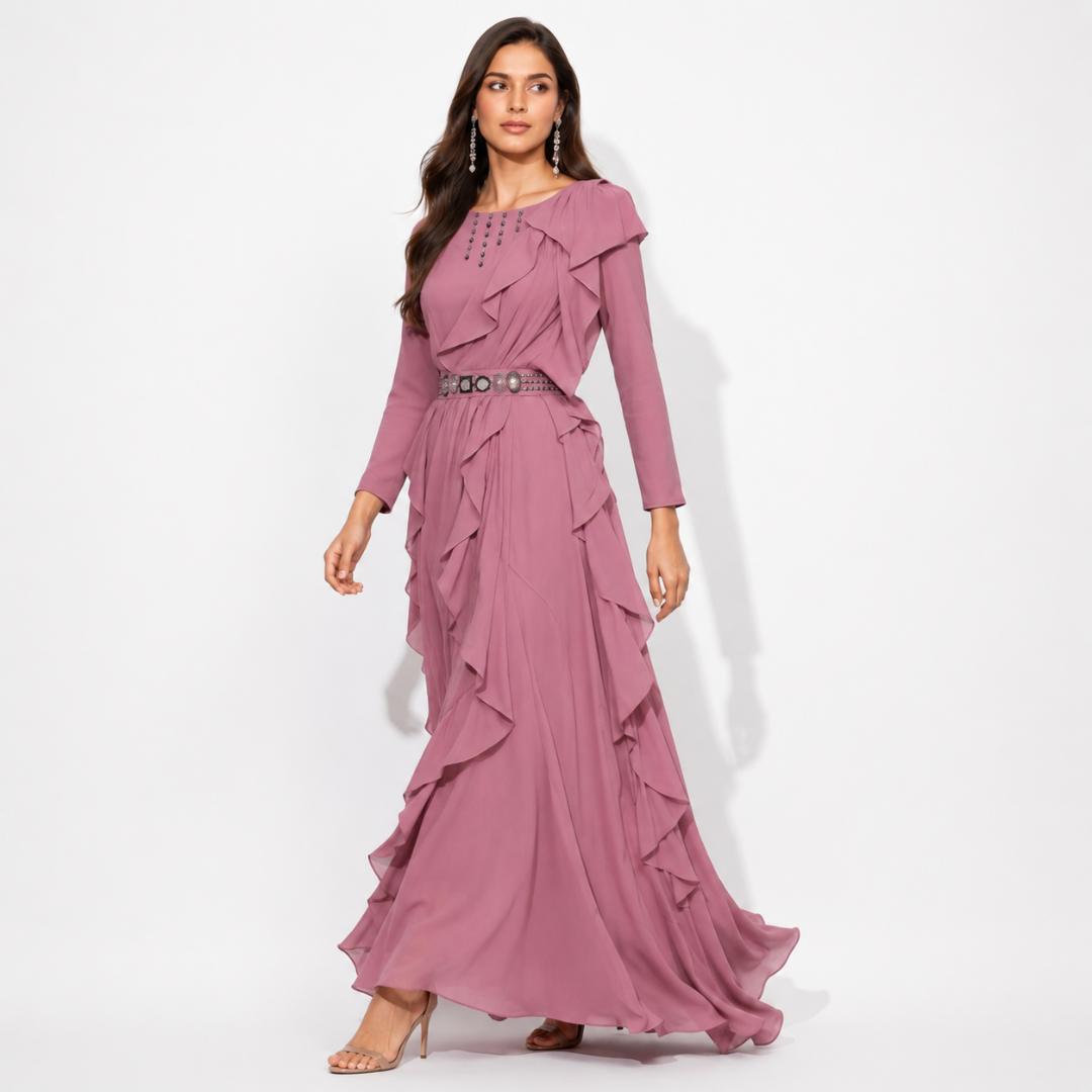 Dusty Rose Ruffle Layered Maxi Gown with Embellished Waist Belt
