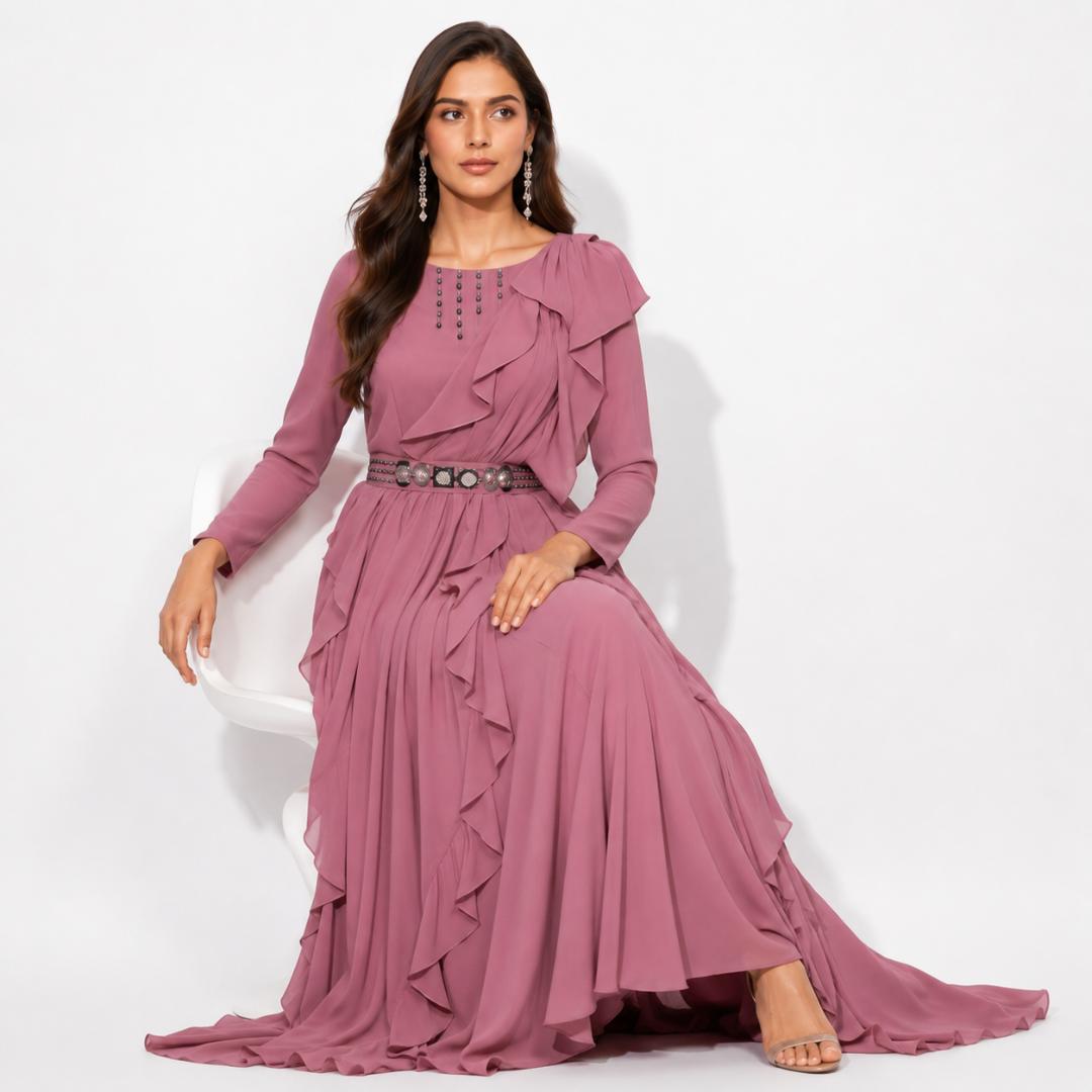 Dusty Rose Ruffle Layered Maxi Gown with Embellished Waist Belt