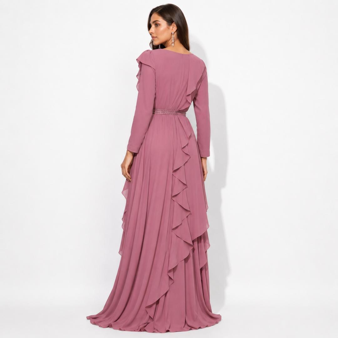 Dusty Rose Ruffle Layered Maxi Gown with Embellished Waist Belt