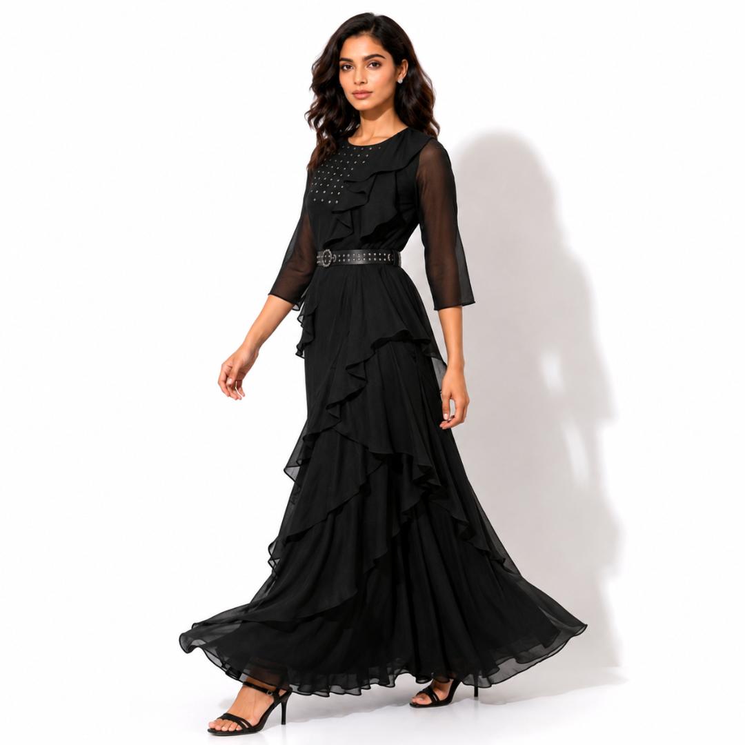 Elegant Black Ruffle Layered Maxi Gown with Studded Bodice and Belt