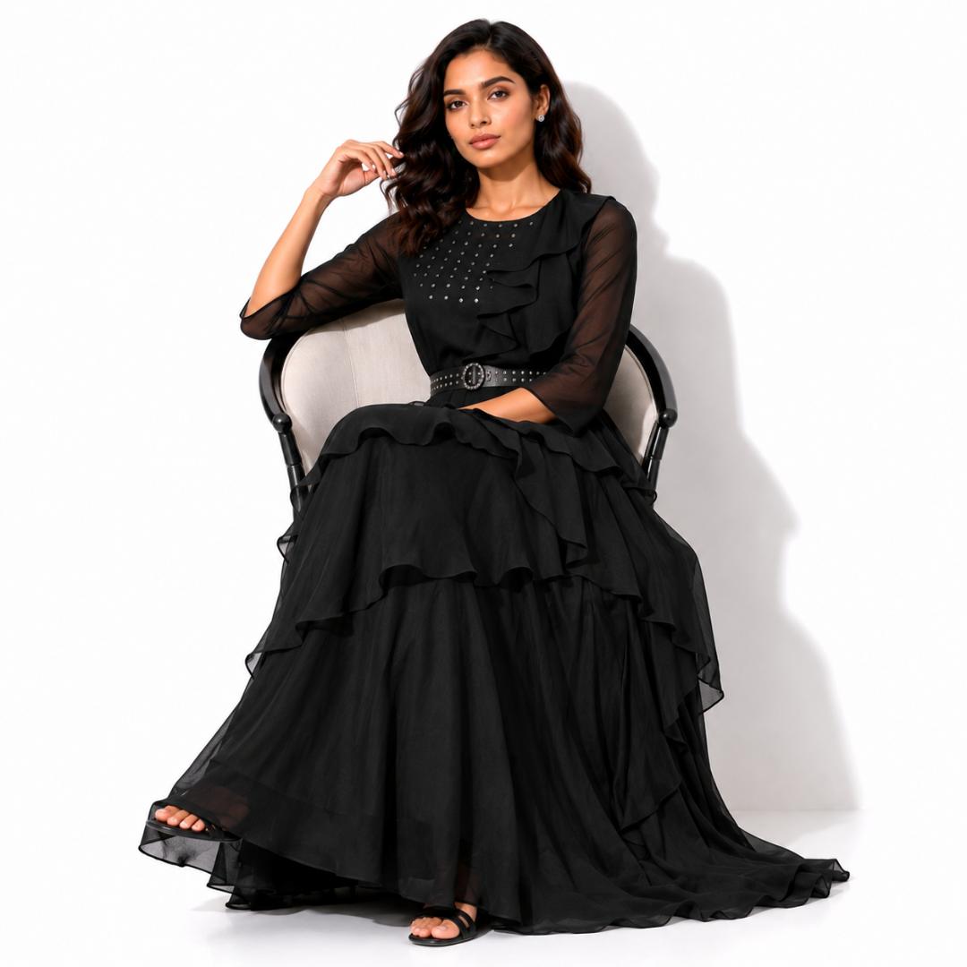 Elegant Black Ruffle Layered Maxi Gown with Studded Bodice and Belt