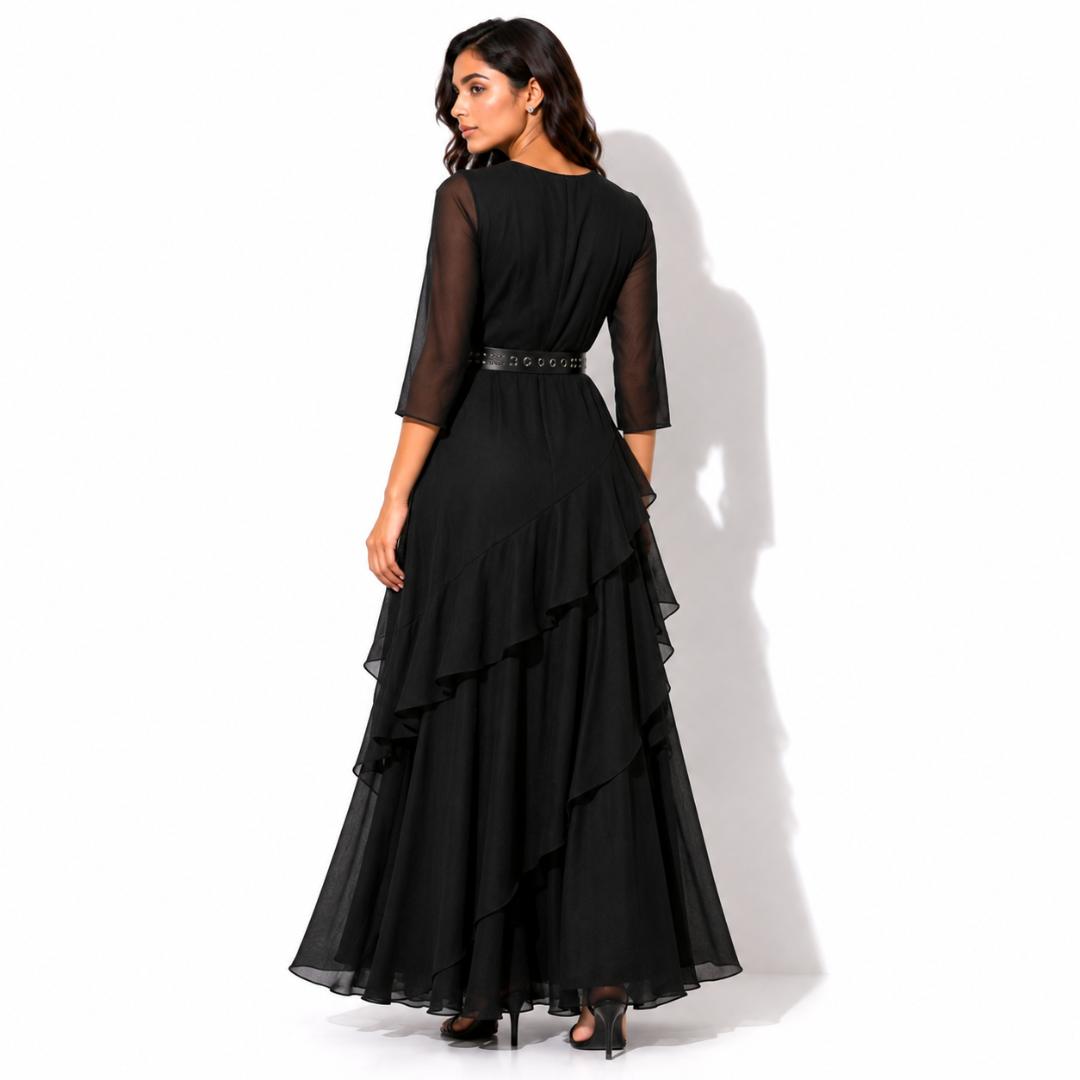 Elegant Black Ruffle Layered Maxi Gown with Studded Bodice and Belt